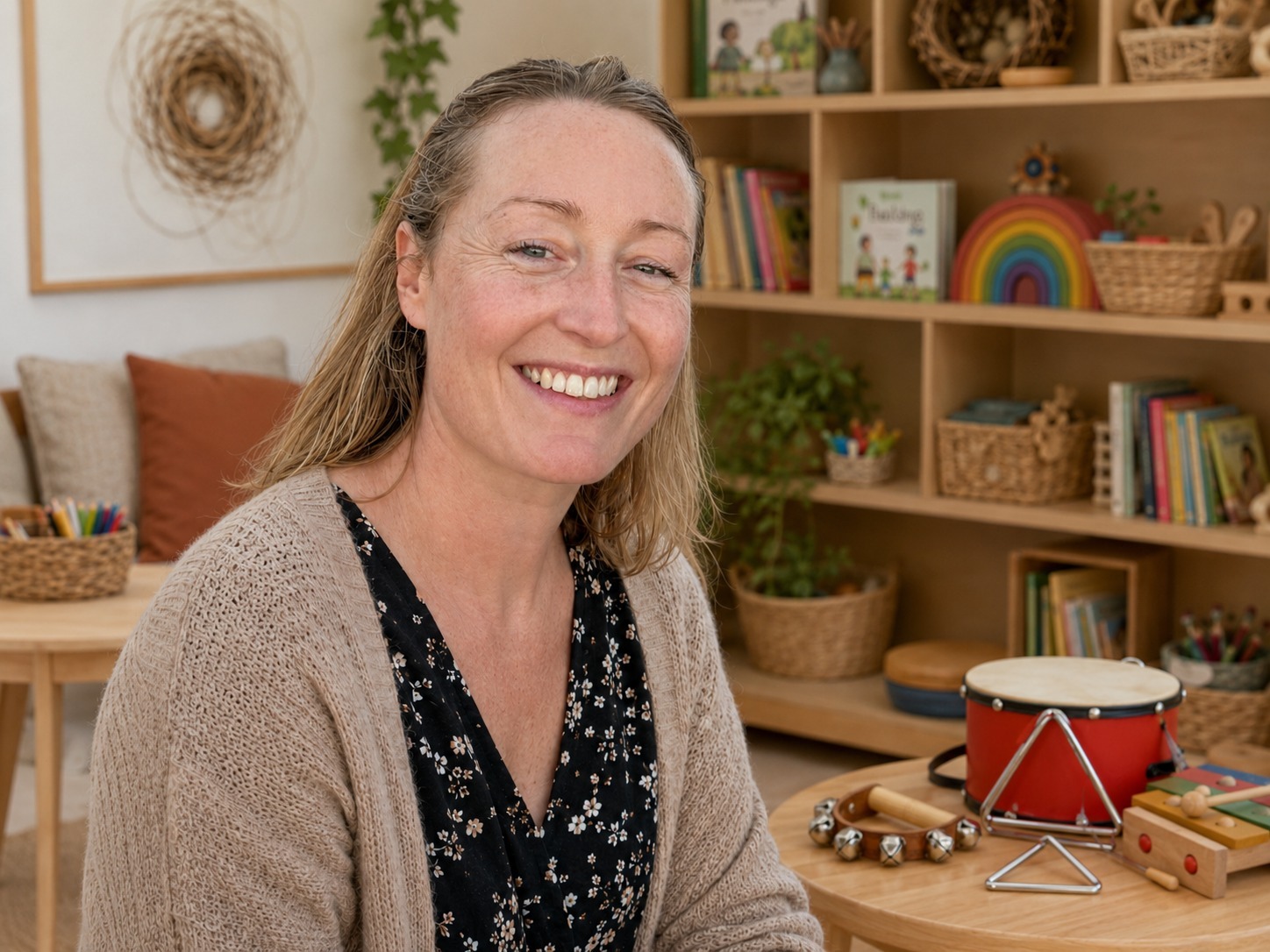 Sinéad smiling in a welcoming playroom with books, creative materials and musical instruments.